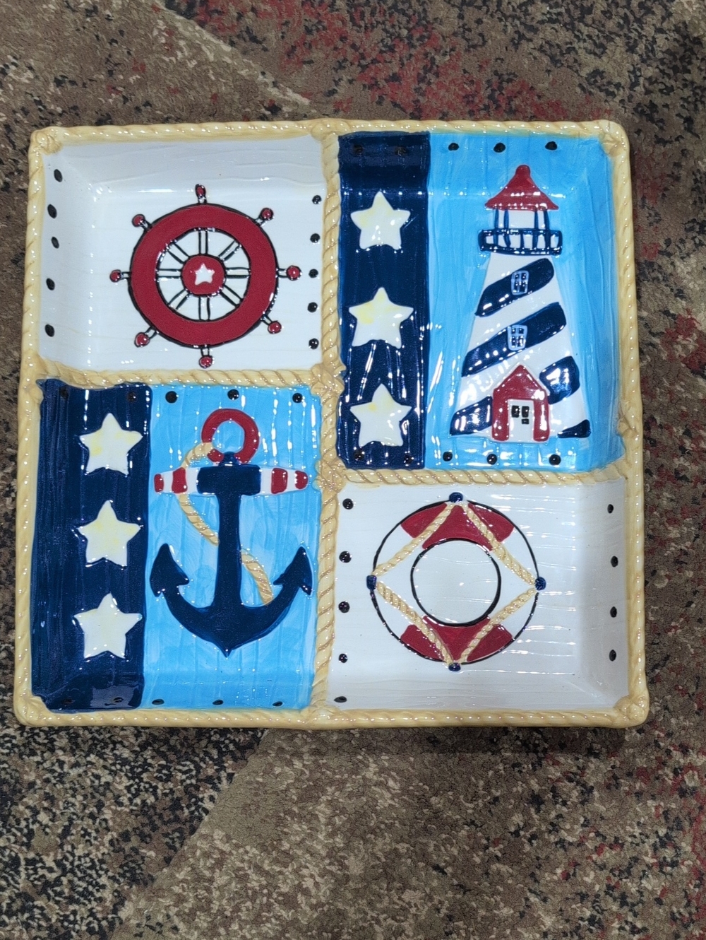 Nautical Ceramic Divided Snack Tray - Blue White Red